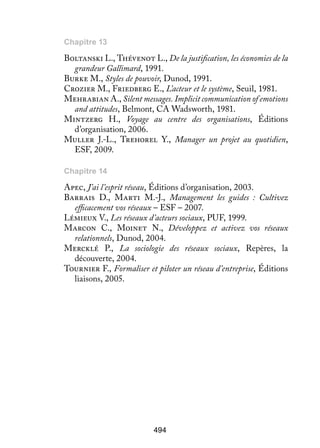 Chapitre 13

Boltanski L., Thévenot L., De la justification, les économies de la
grandeur Gallimard, 1991.
Burke M., Styles de pouvoir, Dunod, 1991.
Crozier M., Friedberg E., L’acteur et le système, Seuil, 1981.
Mehrabian A., Silent messages. Implicit communication of emotions
and attitudes, Belmont, CA Wadsworth, 1981.
Mintzerg H., Voyage au centre des organisations, Éditions
d’organisation, 2006.
Muller J.-L., Trehorel Y., Manager un projet au quotidien,
ESF, 2009.
Chapitre 14

Apec, J’ai l’esprit réseau, Éditions d’organisation, 2003.
Barrais D., Marti M.-J., Management les guides  : Cultivez
efficacement vos réseaux – ESF – 2007.
Lémieux V., Les réseaux d’acteurs sociaux, PUF, 1999.
Marcon C., Moinet N., Développez et activez vos réseaux
relationnels, Dunod, 2004.
Mercklé P., La sociologie des réseaux sociaux, Repères, la
découverte, 2004.
Tournier F., Formaliser et piloter un réseau d’entreprise, Éditions
liaisons, 2005.

494

 