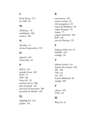 L

R

loi de Pareto 174
loi LME 99

recrutement 234
réseaux sociaux 45
risk management 81
risque de défaillance 96
risque d’impayé, 97
risques 77
risques industriels 106
ROI 130
roue de Deming 153

M
McKinsey. 56
modulation 260
motiver 356

N
Netvibes 41
niveau d’expectation 358

O
objectifs 239
Océan bleu 62

P
PDCA 153
période d’essai 249
PEST 53
PMI 394
Porter M. 53
positions de vie 380
prise de parole 322
processus d’innovation 209
pyramide de Maslow 356

Q
QQOQCCP 154
qualité 144

S
Sarbanes Oxley Act 81
SMART 243
stratégie 50

T
tableau de bord 141
théories des attentes 358
TIC 285
TIR 131
trac 322
travail collaboratif 44
triangle 468

V
valence 359
VAN 131

W
Web 2.0 41

 