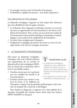 ✓✓ les syner­­ internes entre les branches d’un groupe ;
gies
✓✓ la flexi­­ lité et rapi­­ de réac­­
bi­­
dité
tion, « time based competition ».

La démarche stra­­ gique s’organise en trois étapes bien dis­­
té­­
tinctes
que nous détaille­­
rons dans les pages sui­­
vantes :
✓✓ La réa­­ sa­­
li­­ tion d’un diag­­ tic syn­­ tique met­­
nos­­
thé­­
tant en avant les
menaces ou oppor­­ ni­­ de l’environnement et les forces et fai­
tu­­ tés
­
blesses de l’entreprise. Pour ce faire, on aura mené une ana­­ de
lyse
l’environnement concur­­ tiel, poli­­
ren­­
tique, éco­­ mique et tech­­ ­
no­­
no­
lo­­
gique et une ana­­ de la compé­­ vité de l’entreprise ;
lyse
titi­­
✓✓ Le choix d’une stra­­ gie pour l’entreprise ;
té­­
✓✓ L’alignement stra­­ gique qui per­­
té­­
met de mettre en œuvre la stra­
­
té­­ choi­­ et de créer les syner­­ néces­­
gie
sie
gies
saires.

Savoirs

Une démarche en trois phases

51

Savoir-être

Pour poser un diag­­ tic stra­­ gique,
nos­­
té­­
l’entreprise doit tout d’abord effec­­
tuer
PRINCIPES CLÉS
une seg­­ ta­­
men­­ tion de ses acti­­ tés en
vi­­
nos­­
té­­
domaines d’activités stra­­ giques (DAS). •	 Le diag­­ tic stra­­ gique
té­­
s’appuie sur une ana­­
lyse fac­
­
Puis sur cha­­ de ces domaines, elle va
cun
tuelle de la réa­­ qui vise à
lité
livrer à une double ana­­
lyse :
don­­ une vision réa­­
ner
liste de la
situa­­
tion de l’entreprise sur son
✓✓ L’analyse externe qui vise à pré­­ ter
sen­­
mar­­
ché.
une vue complète du mar­­ et de
ché
•	 On s’appuie pour cela sur des
l’environnement ;
méthodes et outils éprou­­
vés.
✓✓ L’analyse interne qui consiste à ana­
­
ly­­ les forces et les fai­­
ser
blesses de
l’entreprise, compte tenu des pro­­
duits qu’elle pro­­
pose et des mar­
­
chés sur les­­
quels elle a choisi de se déve­­ per.
lop­­
Pour faci­­ ter le diag­­ tic et appor­­ une vision glo­­
li­­
nos­­
ter
bale de la
situa­­
tion, l’ensemble des résul­­ seront réunis dans une matrice
tats
SWOT (EMOFF en fran­­
çais).

Savoir-faire

CC Le diag­­
nos­­tic stra­­té­­gique

 