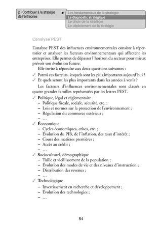 2 • Contri­­
buer à la stra­­ gie
té­­
de l’entreprise

Les fon­­ men­­
da­­
taux de la stra­­ gie
té­­
Le diag­­ tic stra­­ gique
nos­­
té­­
Le choix de la stra­­ gie
té­­
Le déploie­­
ment de la stra­­ gie
té­­

L’analyse PEST

L’analyse PEST des influ­­
ences envi­­ ne­­ tales consiste à réper­
ron­­ men­­
­
to­­ et ana­­ ser les fac­­
rier
ly­­
teurs envi­­ ne­­ taux qui affectent les
ron­­ men­­
entre­­
prises. Elle per­­ de dépas­­ l’horizon du sec­­
met
ser
teur pour mieux
pré­­ son évo­­ tion future.
voir
lu­­
Elle invite à répondre aux deux ques­­
tions sui­­
vantes :
✓✓ Parmi ces fac­­
teurs, les­­
quels sont les plus impor­­
tants aujourd’hui ?
✓✓ Et quels seront les plus impor­­
tants dans les années à venir ?
Les fac­­
teurs d’influences envi­­ ne­­ tales sont clas­­ en
ron­­ men­­
sés
quatre grandes familles repré­­ tées par les lettres PEST.
sen­­
✓✓ Politique, légal et régle­­ taire
men­­
−− Poli­­
tique fis­­
cale, sociale, sécu­­
rité, etc. ;
−− Lois et normes sur la pro­­ tion de l’environnement ;
tec­­
−− Régu­­ tion du commerce exté­­
la­­
rieur ;
−− …
✓✓ Économique
−− Cycles éco­­ miques, crises, etc. ;
no­­
−− Évo­­ tion du PIB, de l’inflation, des taux d’intérêt ;
lu­­
−− Cours des matières pre­­
mières ;
−− Accès au cré­­
dit ;
−− …
✓✓ Socioculturel, démo­­ phique
gra­­
−− Taille et vieillis­­ ment de la popu­­ tion ;
se­­
la­­
−− Évo­­ tion des modes de vie et des niveaux d’instruction ;
lu­­
−− Dis­­ bu­­
tri­­ tion des reve­­
nus ;
−− …
✓✓ Technologique
−− Inves­­ se­­
tis­­ ment en recherche et déve­­ pe­­
lop­­ ment ;
−− Évo­­ tion des tech­­ lo­­
lu­­
no­­ gies ;
−− …

54

 