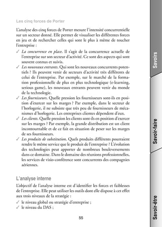 Savoir-faire

L’analyse des cinq forces de Por­­ mesure l’intensité concur­­ tielle
ter
ren­­
sur un sec­­
teur donné. Elle per­­ de visua­­ ser les dif­­ rentes forces
met
li­­
fé­­
en jeu et de recher­­
cher celles qui sont le plus à même de tou­­
cher
l’entreprise :
✓✓ La concur­­
rence en place. Il s’agit de la concur­­
rence actuelle de
l’entreprise sur son sec­­
teur d’activité. Ce sont des aspects qui sont
sou­­
vent connus et sui­­
vis.
✓✓ Les nou­­
veaux entrants. Qui sont les nou­­
veaux concur­­
rents poten­
­
tiels ? Ils peuvent venir de sec­­
teurs d’activité très dif­­ rents de
fé­­
celui de l’entreprise. Par exemple, sur le mar­­ de la for­­ ­
ché
ma­
tion pro­­ sion­­
fes­­ nelle de plus en plus tech­­ lo­­
no­­ gique (e-­earning,
l
serious game), les nou­­
veaux entrants peuvent venir du monde
de la tech­­ lo­­
no­­ gie.
✓✓ Les four­­ seurs. Quelle pres­­
nis­­
sion les four­­ seurs sont-­ls en posi­
nis­­
i
­
tion d’exercer sur les marges ? Par exemple, dans le sec­­
teur de
l’horlogerie, il ne sub­­
siste que très peu de four­­ seurs de méca­
nis­­
­
nismes d’horlogerie. Les entre­­
prises clientes dépendent d’eux.
✓✓ Les clients. Quelle pres­­
sion les clients sont-­ls en posi­­
i
tion d’exercer
sur les marges ? Par exemple, la grande dis­­ bu­­
tri­­ tion est un client
incontour­­
nable et de ce fait en situa­­
tion de peser sur les marges
de ses four­­ seurs.
nis­­
✓✓ Les pro­­
duits de sub­­ tution. Quels pro­­
sti­­
duits dif­­ rents pour­­
fé­­
raient
rendre le même ser­­ que le pro­­
vice
duit de l’entreprise ? L’évolution
des tech­­ lo­­
no­­ gies peut appor­­ de nom­­
ter
breux bou­­ ver­­ ments
le­­ se­­
dans ce domaine. Dans le domaine des réunions pro­­ sion­­
fes­­ nelles,
les ser­­
vices de visio-­ onférence sont concur­­
c
rents des compa­­
gnies
aériennes.

Savoirs

Les cinq forces de Por­­
ter

L’objectif de l’analyse interne est d’identifier les forces et fai­­
blesses
de l’entreprise. Elle peut uti­­ ser les outils dont elle dis­­
li­­
pose à cet effet
aux trois niveaux de la stra­­ gie :
té­­
✓✓ le niveau glo­­ ou stra­­ gie d’entreprise ;
bal
té­­
✓✓ le niveau du DAS ;
55

Savoir-être

L’analyse interne

 