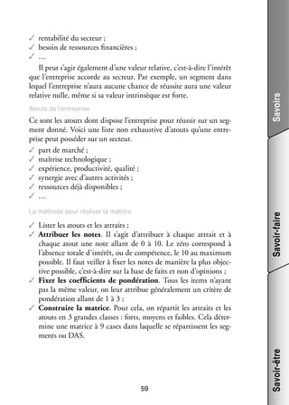 La méthode pour réa­­ ser la matrice
li­­

✓✓ Lis­­ les atouts et les attraits ;
ter
✓✓ Attri­­
buer les notes. Il s’agit d’attribuer à chaque attrait et à
chaque atout une note allant de 0 à  10. Le zéro cor­­ pond à
res­­
l’absence totale d’intérêt, ou de compé­­
tence, le 10 au maxi­­
mum
pos­­
sible. Il faut veiller à fixer les notes de manière la plus objec­
­
tive pos­­
sible, c’est-à-dire sur la base de faits et non d’opinions ;
✓✓ Fixer les coef­­ cients de pon­­ ra­­ . Tous les items n’ayant
fi­­
dé­­ tion
pas la même valeur, on leur attri­­ géné­­ le­­
bue
ra­­ ment un cri­­ de
tère
pon­­ ra­­
dé­­ tion allant de 1 à 3 ;
✓✓ Construire la matrice. Pour cela, on répar­­ les attraits et les
tit
atouts en 3 grandes classes : forts, moyens et faibles. Cela déter­
­
mine une matrice à 9 cases dans laquelle se répar­­
tissent les seg­
­
ments ou DAS.

59

Savoirs

Ce sont les atouts dont dis­­
pose l’entreprise pour réus­­ sur un seg­
sir
­
ment donné. Voici une liste non exhaus­­ d’atouts qu’une entre­
tive
­
prise peut pos­­ der sur un sec­­
sé­­
teur.
✓✓ part de mar­­
ché ;
✓✓ maî­­
trise tech­­ lo­­
no­­ gique ;
✓✓ expé­­
rience, pro­­ ti­­
duc­­ vité, qua­­
lité ;
✓✓ syner­­ avec d’autres acti­­ tés ;
gie
vi­­
✓✓ res­­
sources déjà dis­­ nibles ;
po­­
✓✓ …

Savoir-faire

Atouts de l’entreprise

Savoir-être

✓✓ ren­­ bi­­ du sec­­
ta­­ lité
teur ;
✓✓ besoin de res­­
sources finan­­
cières ;
✓✓ …
Il peut s’agir éga­­ ment d’une valeur rela­­
le­­
tive, c’est-à-dire l’intérêt
que l’entreprise accorde au sec­­
teur. Par exemple, un seg­­
ment dans
lequel l’entreprise n’aura aucune chance de réus­­ aura une valeur
site
rela­­ nulle, même si sa valeur intrin­­
tive
sèque est forte.

 