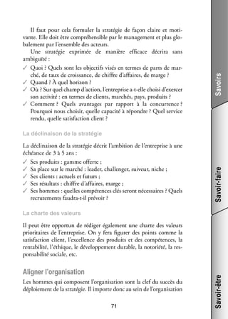 Savoirs

Il faut pour cela for­­ ler la stra­­ gie de façon claire et moti­
mu­­
té­­
­
vante. Elle doit être compré­­ sible par le mana­­ ment et plus glo­
hen­­
ge­­
­
ba­­ ment par l’ensemble des acteurs.
le­­
Une stra­­ gie expri­­
té­­
mée de manière effi­­
cace décrira sans
ambi­­
guïté :
✓✓ Quoi ? Quels sont les objec­­ visés en termes de parts de mar­
tifs
­
ché, de taux de crois­­
sance, de chiffre d’affaires, de marge ?
✓✓ Quand ? À quel hori­­
zon ?
✓✓ Où ? Sur quel champ d’action, l’entreprise a-­-elle choisi d’exercer
t
son acti­­
vité : en termes de clients, mar­­
chés, pays, pro­­
duits ?
✓✓ Comment ? Quels avan­­
tages par rap­­
port à la concur­­
rence ?
Pour­­
quoi nous choi­­ quelle capa­­ à répondre ? Quel ser­­
sir,
cité
vice
rendu, quelle satis­­
faction client ?

La décli­­ son de la stra­­ gie décrit l’ambition de l’entreprise à une
nai­­
té­­
échéance de 3 à 5 ans :
✓✓ Ses pro­­
duits : gamme offerte ;
✓✓ Sa place sur le mar­­
ché : lea­­ chal­­ ger, sui­­
der,
len­­
veur, niche ;
✓✓ Ses clients : actuels et futurs ;
✓✓ Ses résul­­
tats : chiffre d’affaires, marge ;
✓✓ Ses hommes : quelles compé­­
tences clés seront néces­­
saires ? Quels
recru­­ ments faudra-­-il pré­­
te­­
t
voir ?

Savoir-faire

La décli­­ son de la stra­­ gie
nai­­
té­­

La charte des valeurs

Ali­­
gner l’organisation
Les hommes qui composent l’organisation sont la clef du suc­­ du
cès
déploie­­
ment de la stra­­ gie. Il importe donc au sein de l’organisation
té­­
71

Savoir-être

Il peut être oppor­­ de rédi­­ éga­­ ment une charte des valeurs
tun
ger
le­­
prio­­ taires de l’entreprise. On y fera figu­­ des points comme la
ri­­
rer
satis­­
faction client, l’excellence des pro­­
duits et des compé­­
tences, la
ren­­ bi­­ l’éthique, le déve­­ pe­­
ta­­ lité,
lop­­ ment durable, la noto­­
riété, la res­
­
pon­­ bi­­ sociale, etc.
sa­­ lité

 