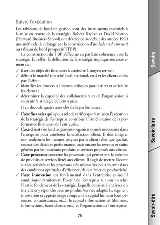 75

Savoir-faire
Savoir-être

Les tableaux de bord de ges­­
tion sont des ins­­ ments essen­­
tru­­
tiels à
la mise en œuvre de la stra­­ gie. Robert Kaplan et David Norton
té­­
(Harvard Busi­­
ness School) ont déve­­
loppé au début des années 1990
une méthode de pilo­­
tage par la construc­­
tion d’un balanced scorecard
ou tableau de bord pros­­ tif (TBP).
pec­­
La construc­­
tion du TBP s’effectue en par­­
faite cohé­­
rence avec la
stra­­ gie. En effet, la défi­­ tion de la stra­­ gie implique néces­­ re­
té­­
ni­­
té­­
sai­­ ­
ment de :
✓✓ fixer des objec­­ finan­­
tifs
ciers à atteindre à moyen terme ;
✓✓ défi­­ le mar­­ (mar­­ local, natio­­ etc.) et les clients ciblés
nir
ché
ché
nal,
par l’offre ;
✓✓ iden­­ fier les pro­­ sus internes cri­­
ti­­
ces­­
tiques pour atti­­ et satis­­
rer
faire
les clients ;
✓✓ déter­­ ner la capa­­ des col­­ bo­­ teurs et de l’organisation à
mi­­
cité
la­­ ra­­
sou­­ nir la stra­­ gie de l’entreprise.
te­­
té­­
Il en découle quatre axes clés de la per­­ mance :
for­­
✓✓ L’axe finan­­  qui a pour rôle de véri­­ que la mise en l’exécution
cier
fier
de la stra­­ gie de l’entreprise contri­­ à l’amélioration de la per­
té­­
bue
­
for­­
mance finan­­
cière de l’entreprise.
✓✓ L’axe client vise les chan­­ ments orga­­ sa­­ nels néces­­
ge­­
ni­­ tion­­
saires dans
l’entreprise pour amé­­ rer la satis­­
lio­­
faction client. Il doit inté­­
grer
non seule­­
ment les mesures per­­
çues par le client telles que qua­­
lité,
respect des délais et per­­ mance, mais encore les reve­­ et coûts
for­­
nus
géné­­ par les nou­­
rés
veaux pro­­
duits et ser­­
vices pro­­ sés aux clients.
po­­
✓✓ L’axe pro­­ sus concerne les pro­­ sus qui per­­
ces­­
ces­­
mettent la créa­­
tion
de pro­­
duits et ser­­
vices livrés aux clients. Il s’agit de mettre l’accent
sur les acti­­ tés et les pro­­ sus clés néces­­
vi­­
ces­­
saires pour four­­ dans
nir
des condi­­
tions opti­­
males d’efficience, de qua­­ et de pro­­ ti­­
lité
duc­­ vité.
✓✓ L’axe inno­­ tion est fon­­ men­­ dans l’entreprise puisqu’il
va­­
da­­ tal
condi­­
tionne étroi­­ ment l’avenir de l’entreprise sur son mar­­
te­­
ché.
Il est le fon­­ ment de la stra­­ gie, laquelle consiste à ana­­ ser un
de­­
té­­
ly­­
mar­­ et y répondre avec un pro­­
ché
duit/ser­­ adapté. Le seg­­
vice
ment
inno­­ tion et appren­­ sage comprend le capi­­ humain (compé­
va­­
tis­­
tal
­
tences, connais­­
sances, etc.), le capi­­ infor­­ tion­­ (don­­
tal
ma­­ nel
nées,
infor­­ tions, bases clients, etc.) et l’organisation de l’entreprise.
ma­­

Savoirs

Suivre l’exécution

 