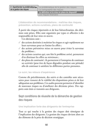 3 • Appré­­ der la pro­­ ma­­
hen­­
blé­­ tique
de la ges­­ des risques
tion

La pro­­ ma­­
blé­­ tique de la ges­­
tion des risques
La car­­ gra­­
to­­ phie des risques
La défi­­ tion et la mise en place du dis­­ si­­
ni­­
po­­ tif
Les risques finan­­
ciers

L’élaboration de recom­­
man­­ tions : maî­­
da­­
trise des risques,
pré­­ tion, actions cura­­
ven­­
tives, plans de conti­­
nuité

À par­­ des risques réper­­ riés et de leur hié­­ chi­­ tion, des déci­
tir
to­­
rar­­ sa­­
­
sions sont prises. Elles sont orga­­ sées par types et affec­­
ni­­
tées à des
res­­ sables de leur mise en œuvre.
pon­­
Ces déci­­
sions sont :
✓✓ des actions des­­ nées à maî­­ ser les risques et agir rapi­­ ment sur
ti­­
tri­­
de­­
leurs sur­­ nues pour en limi­­ les effets ;
ve­­
ter
✓✓ des actions pré­­ tives mises en œuvre pour évi­­ la sur­­ nue
ven­­
ter
ve­­
du pro­­
blème ;
✓✓ des actions cura­­
tives qui, une fois le pro­­
blème arrivé, per­­
mettent
d’en dimi­­
nuer les effets au mini­­
mum ;
✓✓ des plans de conti­­
nuité : ils per­­
mettent à l’entreprise de conti­­
nuer
ses acti­­ tés (peut être de façon dégradées pen­­
vi­­
dant une période)
afin de conti­­
nuer à satis­­
faire les dif­­ rentes par­­ pre­­
fé­­
ties nantes.
Le suivi, les retours d’expérience

Comme dit pré­­ dem­­
cé­­ ment, des sui­­ et des contrôles sont néces­
vis
­
saires pour s’assurer de la via­­ lité des dis­­ si­­
bi­­
po­­ tions prises et de leur
adé­­ tion aux pro­­
qua­­
blèmes. Ces audits peuvent per­­
mettre d’identifier
de nou­­
veaux risques ou d’améliorer des déci­­
sions prises. Des rap­
­
ports sont émis et trans­­ aux diri­­
mis
geants.

Sept condi­­
tions de réus­­ de la démarche de ges­­
site
tion
des risques
Une impli­­ tion forte des diri­­
ca­­
geants de l’entreprise

Tout ce qui touche à la ges­­
tion des risques doit témoi­­
gner de
l’implication des diri­­
geants. La ges­­
tion des risques devient alors un
des élé­­
ments de la prise de déci­­
sion stra­­ gique.
té­­
92

 