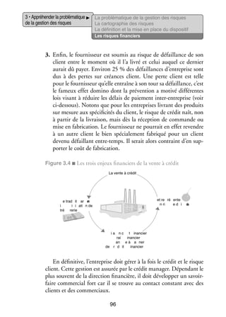 3 • Appré­­ der la pro­­ ma­­
hen­­
blé­­ tique
de la ges­­ des risques
tion

La pro­­ ma­­
blé­­ tique de la ges­­
tion des risques
La car­­ gra­­
to­­ phie des risques
La défi­­ tion et la mise en place du dis­­ si­­
ni­­
po­­ tif
Les risques finan­­
ciers

3.	 Enfin, le four­­ seur est sou­­ au risque de défaillance de son
nis­­
mis
client entre le moment où il l’a livré et celui auquel ce der­­
nier
aurait dû payer. Envi­­ 25 % des défaillances d’entreprise sont
ron
dus à des pertes sur créances client. Une perte client est telle
pour le four­­ seur qu’elle entraîne à son tour sa défaillance, c’est
nis­­
le fameux effet domino dont la pré­­ tion a motivé dif­­ rentes
ven­­
fé­­
lois visant à réduire les délais de paie­­
ment inter-­ ntreprise (voir
e
ci-­ essous). Notons que pour les entre­­
d
prises livrant des pro­­
duits
sur mesure aux spé­­ fici­­ du client, le risque de cré­­ naît, non
ci­­ tés
dit
à par­­ de la livrai­­
tir
son, mais dès la récep­­
tion de commande ou
mise en fabri­­ tion. Le four­­ seur ne pour­­ en effet revendre
ca­­
nis­­
rait
à un autre client le bien spé­­ le­­
cia­­ ment fabri­­
qué pour un client
devenu défaillant entre-­ emps. Il serait alors contraint d’en sup­
t
­
por­­ le coût de fabri­­ tion.
ter
ca­­
Figure 3.4 ■ Les trois enjeux finan­­
ciers de la vente à cré­­
dit
La vente à crédit

et re ré ente
n ri
ed i

e trad it ar e
n
i
i i ati n de
tré rerie

é
a

ia
de

n c t inancier
rai
inancier
an e à a ner
r d it
inancier

En défi­­ tive, l’entreprise doit gérer à la fois le cré­­ et le risque
ni­­
dit
client. Cette ges­­
tion est assu­­ par le cré­­ mana­­ Dépen­­
rée
dit
ger.
dant le
plus sou­­
vent de la direc­­
tion finan­­
cière, il doit déve­­ per un savoirlop­­
f
­ aire commer­­ fort car il se trouve au contact constant avec des
cial
clients et des commer­­
ciaux.
96

 