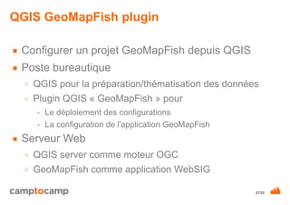 27/33
QGIS GeoMapFish plugin
■ Configurer un projet GeoMapFish depuis QGIS
■ Poste bureautique
○ QGIS pour la préparation/thématisation des données
○ Plugin QGIS « GeoMapFish » pour
- Le déploiement des configurations
- La configuration de l'application GeoMapFish
■ Serveur Web
○ QGIS server comme moteur OGC
○ GeoMapFish comme application WebSIG
 