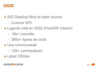 3/33
QGIS
■ SIG Desktop libre et open source
○ Licence GPL
■ Logiciel créé en 2002 (PostGIS Viewer)
○ 16k+ commits
○ 3Mio+...
