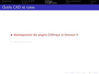 Organisation Le choix de QGIS Challenges Retour d’expérience Le futur
Outils CAD et cotes
développement des plugins CADinput et Intersect It
démonstration
 