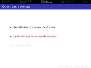 Organisation Le choix de QGIS Challenges Retour d’expérience Le futur
Questions ouvertes
plans détaillés / schémas d’exécution
standardisation du modèle de données
interface mobile
 