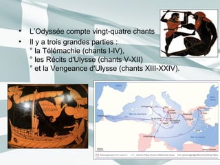 • L’Odyssée compte vingt-quatre chants
• Il y a trois grandes parties :
° la Télémachie (chants I-IV),
° les Récits d'Ulysse (chants V-XII)
° et la Vengeance d'Ulysse (chants XIII-XXIV).
 