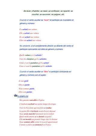 Se laver, s'habiller, se raser, se confesser, se repentir, se
coucher, se savonner, se peigner, etc.
Cuando el verbo auxiliar es "avoir" el participio es invariable en
género y número:
Il a acheté une voiture
Elle a acheté une voiture
Ils ont acheté une voiture
Elles ont acheté une voiture
No obstante, si el complemento directo va delante del verbo el
participio concuerda con éste en género y número:
Quelle voiture a-t-il achetée?
Voici les chemises qu'il a achetées
Celui-ci est le pantalon qu'il a acheté
Ceux-ci sont les pantalons qu'il a achetés
Cuando el verbo auxiliar es "être" el participio concuerda en
género y número con el sujeto:
Je suis parti
Elle est partie
Nous sommes partis
Elles sont parties
EJEMPLOS
Mes parents sont allés à l'opéra
L'étudiant a acheté une petite lampe électrique
Voici la bicyclette que ton frère a vendue
La petite fille s'est lavée avant d'avoir déjeuné
Nous avons marché lentement sur le trottoir
Quels médicaments a-tu donnés au petit?
Elle est montée au premier étage chez le docteur
Nous sommes allés visiter le nouvel appartement
L'année scolaire a commencé en France
 