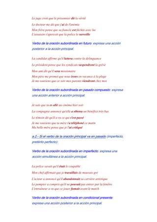 Le juge croit que le prisonnier dit la vérité
Le docteur me dit que j'ai de l'anémie
Mon frère pense que sa fiancée est fâchée avec lui
L'assassin s'apercoit que la police le surveille
Verbo de la oración subordinada en futuro: expresa una acción
posterior a la acción principal.
La candidat affirme qu'il luttera contre la delinquance
Le président pense que les syndicats suspendront la grêve
Mon ami dit qu'il sera missionaire
Mon père me promet que nous irons en vacance à la plage
Je me souviens que ce soir mes parents viendront chez moi
Verbo de la oración subordinada en pasado compuesto: expresa
una acción anterior a acción principal.
Je sais que tu es allé au cinéma hier soir
La compagnie annonce qu'elle a obtenu un bénéfice très bas
Le témoin dit qu'il a vu ce qui s'est passé
Je me souviens que ta mère t'a téléphoné ce matin
Ma belle-mère pense que je l'ai critiqué
a.2.- Si el verbo de la oración principal va en pasado (imperfecto,
pretérito perfecto):
Verbo de la oración subordinada en imperfecto: expresa una
acción simultánea a la acción principal.
La police savait qu'il était le coupable
Mon chef affirmait que je travaillais de mauvais gré
L'acteur a annoncé qu'il abandonnait sa carrière artistique
Le pompier a compris qu'il ne pouvait pas entrer par la fenêtre
L'entraîneur a vu que ce jouer fumait avant le match
Verbo de la oración subordinada en condicional presente:
expresa una acción posterior a la acción principal.
 