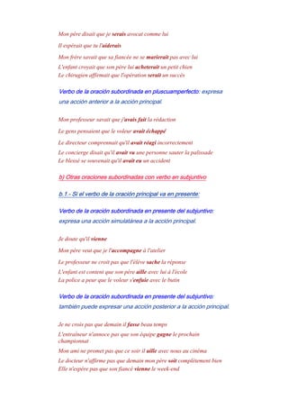 Mon père disait que je serais avocat comme lui
Il espérait que tu l'aiderais
Mon frére savait que sa fiancée ne se marierait pas avec lui
L'enfant croyait que son père lui acheterait un petit chien
Le chirugien affirmait que l'opération serait un succès
Verbo de la oración subordinada en pluscuamperfecto: expresa
una acción anterior a la acción principal.
Mon professeur savait que j'avais fait la rédaction
Le gens pensaient que le voleur avait échappé
Le directeur comprennait qu'il avait réagi incorrectement
Le concierge disait qu'il avait vu une personne sauter la palissade
Le blessé se souvenait qu'il avait eu un accident
b) Otras oraciones subordinadas con verbo en subjuntivo
b.1.- Si el verbo de la oración principal va en presente:
Verbo de la oración subordinada en presente del subjuntivo:
expresa una acción simulatánea a la acción principal.
Je doute qu'il vienne
Mon père veut que je l'accompagne à l'atelier
Le professeur ne croit pas que l'élève sache la réponse
L'enfant est content que son père aille avec lui à l'école
La police a peur que le voleur s'enfuie avec le butin
Verbo de la oración subordinada en presente del subjuntivo:
también puede expresar una acción posterior a la acción principal.
Je ne crois pas que demain il fasse beau temps
L'entraîneur n'annoce pas que son équipe gagne le prochain
championnat
Mon ami ne promet pas que ce soir il aille avec nous au cinéma
Le docteur n'affirme pas que demain mon père soit complètement bien
Elle n'espère pas que son fiancé vienne le week-end
 