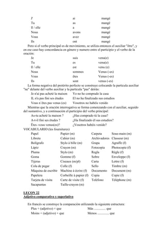 J' ai mangé
Tu as mangé
Il / elle a mangé
Nous avons mangé
Vous avez mangé
Ils ont mangé
Pero si el verbo principal es de movimiento, se utiliza entonces el auxiliar "être", y
en ese caso hay concordancia en género y numero entre el participio y el verbo de la
oración:
Je suis venu(e)
Tu es venu(e)
Il / elle est venu (e)
Nous sommes Venus (-es)
Vous êtes Venus (-es)
Ils sont venus (-es)
La forma negativa del pretérito perfecto se construye colocando la partícula auxiliar
"ne" delante del verbo auxiliar y la partícula "pas" detrás:
Je n'ai pas acheté la maison Yo no he comprado la casa
IL n'a pas fini ses études El no ha finalizado sus estudios
Vous n´êtes pas venus (es) Vosotros no habéis venido
Mientras que la oración interrogativa se forma comenzando con el auxiliar, seguido
del sustantivo, y a continuación el participio del verbo principal:
As-tu acheté la maison ? ¿Has comprado tú la casa?
A-t-il fini ses études ? ¿Ha finalizado él sus estudios?
Êtes -vous venus(es)? ¿Vosotros habéis venido?
VOCABULARIO (les fournitures)
Papel Papier (m) Carpeta Sous-main (m)
Libreta Cahier (m) Archivadores Classeur (m)
Bolígrafo Stylo à bille (m) Grapa Agraffe (f)
Lápiz Crayon (m) Fotocopia Photocopie (f)
Pluma Stylo (m) Regla Règle (f)
Goma Gomme (f) Sobre Enveloppe (f)
Tijeras Ciseaux (m/pl) Carta Lettre (f)
Cola de pegar Colle (f) Sello Timbre (m)
Máquina de escribir Machine à écrire (f) Documento Document (m)
Papelera Corbeille à papier (f) Copia Copie (f)
Tarjeta de visita Carte de visite (f) Teléfono Téléphone (m)
Sacapuntas Taille-crayon (m)
LEÇON 22
Adjetivo comparativo y superlativo
En francés se construye la comparación utilizando la siguiente estructura:
Plus + (adjetivo) + que Más .............. que
Moins + (adjetivo) + que Menos .............. que
 