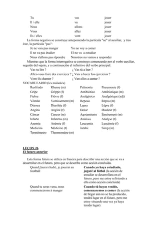 Tu vas jouer
Il / elle va jouer
Nous allons jouer
Vous allez jouer
Ils / elles vont jouer
La forma negativa se construye anteponiendo la partícula "ne" al auxiliar, y tras
éste, la partícula "pas":
Je ne vais pas manger Yo no voy a comer
Il ne va pas étudier El no va a estudiar
Nous n'allons pas répondre Nosotros no vamos a responder
Mientras que la forma interrogativa se construye comenzando por el verbo auxiliar,
seguido del sujeto, y a continuación el infinitivo del verbo principal:
Vas-tu lire ? ¿ Vas tú a leer ?
Allez-vous faire des exercices ? ¿ Vais a hacer los ejercicios ?
Vont-ils chanter ? ¿ Van ellos a cantar ?
VOCABULARIO (les maladies)
Resfriado Rhume (m) Pulmonía Pneumonie (f)
Gripe Grippe (f) Antibiótico Antibiotique (m)
Fiebre Fièvre (f) Analgésico Analgésique (adj)
Vómito Vomissement (m) Reposo Repos (m)
Diarrea Diarrhée (f) Lepra Lèpre (f)
Angina Angine (f) Dolor Douleur (f)
Cáncer Cancer (m) Agotamiento Épuisement (m)
Infarto Infarctus (m) Análisis Analyse (f)
Anemia Anémie (f) Leucemia Leucémie (f)
Medicina Médicine (f) Jarabe Sirop (m)
Termómetro Thermomètre (m)
LEÇON 26
El futuro anterior
Esta forma futura se utiliza en francés para describir una acción que se va a
desarrollar en el futuro, pero que se describe como acción concluida.
Quand j'aurai étudié, je jouerai au
football
Cuando yo haya estudiado,
jugaré al fútbol (la acción de
estudiar se desarrollara en el
futuro, pero me estoy refiriendo a
ella como acción concluida)
Quand tu seras venu, nous
commencerons à manger
Cuando tú hayas venido,
comenzaremos a comer (la acción
de llegar aún no se ha producido,
tendrá lugar en el futuro, pero me
estoy situando una vez ya haya
tenido lugar).
 