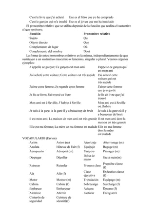 C'est le livre que j'ai acheté Ese es el libro que yo he comprado
C'est le garçon qui m'a insulté Ese es el joven que me ha insultado
El pronombre relativo que se utiliza depende de la función que realiza el sustantivo
al que sustituye:
Función Pronombre relativo
Sujeto Qui
Objeto directo Que
Complemento de lugar Où
Complemento del nombre Dont
La forma de estos pronombres relativos es la misma, independientemente de que
sustituyan a un sustantivo masculino o femenino, singular o plural. Veamos algunos
ejemplos:
J' appelle ce garçon; Ce garçon est mon ami J'appelle ce garçon qui
est mon ami
J'ai acheté cette voiture; Cette voiture est très rapide J'ai acheté cette
voiture qui est
très rapide
J'aime cette femme; Je regarde cette femme J'aime cette femme
que je regarde
Je lis ce livre; J'ai trouvé ce livre Je lis ce livre que j'ai
trouvé
Mon ami est à Seville; J' habite à Seville Mon ami est à Seville
où j'habite
Je suis à la gare; À la gare il y a beaucoup de bruit Je suis á la gare où il y
a beaucoup de bruit
il est mon ami; La maison de mon ami est très grande Il est mon ami dont la
maison est trés grande
Elle est ma femme; La mère de ma femme est malade Elle est ma femme
dont la mère
est malade
VOCABULARIO (l'avion)
Avión Avion (m) Aterrizaje Atterrissage (m)
Azafata Hôtesse de l'air (f) Equipaje Bagage (m)
Aeropuerto Aéroport (m) Pasajero Passager (m)
Despegar Décoller
Bolsa de
mano
Sac à main(m)
Retrasar Retarder Primera clase
Première classe
(f)
Ala Aile (f)
Clase
ejecutiva
Exécutive classe
(f)
Motor Moteur (m) Tripulación Équipage (m)
Cabina Cabine (f) Sobrecargo Surcharge (f)
Embarcar Embarquer Aduana Douane (f)
Aterrizar Atterrir Facturar Enregistrer
Cinturón de
seguridad
Ceinture de
sécurité(f)
 