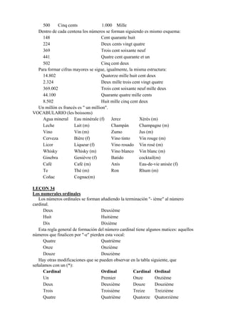 500 Cinq cents 1.000 Mille
Dentro de cada centena los números se forman siguiendo es mismo esquema:
148 Cent quarante huit
224 Deux cents vingt quatre
369 Trois cent soixante neuf
441 Quatre cent quarante et un
502 Cinq cent deux
Para formar cifras mayores se sigue, igualmente, la misma estructura:
14.802 Quatorze mille huit cent deux
2.324 Deux mille trois cent vingt quatre
369.002 Trois cent soixante neuf mille deux
44.100 Quarante quatre mille cents
8.502 Huit mille cinq cent deux
Un millón es francés es " un million".
VOCABULARIO (les boissons)
Agua mineral Eau minérale (f) Jerez Xérès (m)
Leche Lait (m) Champán Champagne (m)
Vino Vin (m) Zumo Jus (m)
Cerveza Bière (f) Vino tinto Vin rouge (m)
Licor Liqueur (f) Vino rosado Vin rosé (m)
Whisky Whisky (m) Vino blanco Vin blanc (m)
Ginebra Genièvre (f) Batido cocktail(m)
Café Café (m) Anís Eau-de-vie anisée (f)
Te Thé (m) Ron Rhum (m)
Coñac Cognac(m)
LEÇON 34
Los numerales ordinales
Los números ordinales se forman añadiendo la terminación "- ième" al número
cardinal.
Deux Deuxième
Huit Huitième
Dix Dixième
Esta regla general de formación del número cardinal tiene algunos matices: aquellos
números que finalicen por "-e" pierden esta vocal:
Quatre Quatrième
Onze Onzième
Douze Douzième
Hay otras modificaciones que se pueden observar en la tabla siguiente, que
señalamos con un (*):
Cardinal Ordinal Cardinal Ordinal
Un Premier Onze Onzième
Deux Deuxième Douze Douzième
Trois Troisième Treize Treizième
Quatre Quatrième Quatorze Quatorzième
 