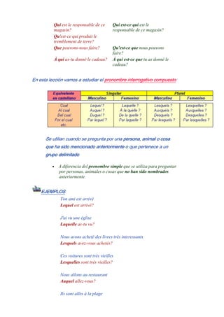 Qui est le responsable de ce
magasin?
Qui est-ce qui est le
responsable de ce magasin?
Qu'est-ce qui produit le
tremblement de terre?
Que pouvons-nous faire? Qu'est-ce que nous pouvons
faire?
À qui as-tu donné le cadeau? À qui est-ce que tu as donné le
cadeau?
En esta lección vamos a estudiar el pronombre interrogativo compuesto:
Se utilian cuando se pregunta por una persona, animal o cosa
que ha sido mencionado anteriormente o que pertenece a un
grupo delimitado
• A diferencia del pronombre simple que se utiliza para preguntar
por personas, animales o cosas que no han sido nombrados
anteriormente.
EJEMPLOS
Ton ami est arrivé
Lequel est arrivé?
-
J'ai vu une église
Laquelle as-tu vu?
-
Nous avons acheté des livres très interessants
Lesquels avez-vous achetés?
-
Ces voitures sont très vieilles
Lesquelles sont très vieilles?
-
Nous allons au restaurant
Auquel allez-vous?
-
Ils sont allés à la plage
 