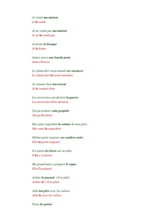Je vends ma maison
je la vends
-
Je ne vends pas ma maison
Je ne la vends pas
-
Je ferme le kiosque
Je le ferme
-
James ouvre une lourde porte
James l'ouvre
-
Le chancelier avait annulé ses vacances
Le chancelier les avait annulées
-
Je connais bien ton avocat
Je le connais bien
-
Les terroristes ont déclaré la guerre
Les terroristes l'ont déclarée
-
J'ai pu acheter cette propiété
J'ai pu l'acheter
-
Mes amis regardent la voiture de mon père
Mes amis la regardent
-
Hélène porte toujours ses souliers noirs
Elle les porte toujours
-
Il a laissé les livres sur la table
Il les y a laissés
-
Ma grand-mère a préparé le repas
Elle l'a préparé
-
Achète le journal, s'il te plaît
Achète-le, s'il te plaît
-
Aide ton pére avec les valises
Aide-le avec les valises
-
Peins les portes
 
