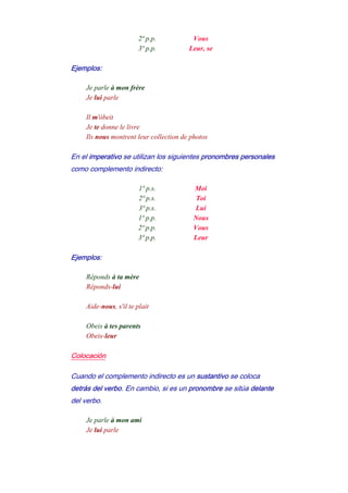 2ª p.p. Vous
3ª p.p. Leur, se
Ejemplos:
Je parle à mon frère
Je lui parle
-
Il m'óbeit
Je te donne le livre
Ils nous montrent leur collection de photos
En el imperativo se utilizan los siguientes pronombres personales
como complemento indirecto:
1ª p.s. Moi
2ª p.s. Toi
3ª p.s. Lui
1ª p.p. Nous
2ª p.p. Vous
3ª p.p. Leur
Ejemplos:
Réponds à ta mère
Réponds-lui
-
Aide-nous, s'il te plait
-
Obeis à tes parents
Obeis-leur
Colocación
Cuando el complemento indirecto es un sustantivo se coloca
detrás del verbo. En cambio, si es un pronombre se sitúa delante
del verbo.
Je parle à mon ami
Je lui parle
 