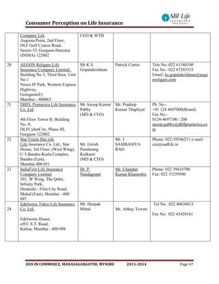 Consumer Perception on Life Insurance
DOS IN COMMERCE, MANASAGANGOTRI, MYSORE 2013-2014 Page 47
Company Ltd.
Augusta Point, 2nd Floor,
DLF Golf Course Road,
Sector-53, Gurgaon-Haryana
(INDIA) 122002
CEO & WTD
20 AEGON Religare Life
Insurance Company Limited.
Building No 3, Third floor, Unit
No.1
Nesco IT Park, Western Express
Highway,
Goregaon(E)
Mumbai - 400063
Mr K S
Gopalakrishnan
Patrick Curtin Tele No.-022 61180100
Fax No.- 022 67293333
Email: ks.gopalakrishnan@aego
nreligare.com
21 DHFL Pramerica Life Insurance
Co. Ltd.
4th Floor Tower B, Building
No.-9,
DLFCyberCity, Phase-III,
Gurgaon-122002.
Mr Anoop Kumar
Pabby
(MD & CEO)
Mr. Pradeep
Kumar Thapliyal
Ph. No.-
+91 124 4697000(Board)
Fax No.-
0124-4697100 / 200
anoop.pabby@dhflpramerica.co
m
22 Star Union Dai-ichi
Life Insurance Co. Ltd., Star
House, 3rd Floor, (West Wing),
C-5,Bandra-Kurla Complex,
Bandra (East),
Mumbai 400 051
Mr. Girish
Pandurang
Kulkarni
(MD & CEO)
Mr. I
SAMBASIVA
RAO
Phone: 022-39546211 e-mail:
ceo@sudlife.in
23 IndiaFirst Life Insurance
Company Limited
301, 'B' Wing, The Qube,
Infinity Park,
Dindoshi - Film City Road,
Malad (East), Mumbai - 400
097.
Dr. P.
Nandagopal
Mr. Chandan
Kumar Khasnobis
Phone: 022 39418700
Fax: 022 33259500
24
Edelweiss Tokio Life Insurance
Co. Ltd.
Edelweiss House,
off C.S.T. Road,
Kalina, Mumbai : 400 098
Mr. Deepak
Mittal Mr. Abhay Tewari
Tel No: 022 40636015
Fax No: 022 43428161
 