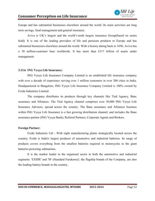Consumer Perception on Life Insurance
DOS IN COMMERCE, MANASAGANGOTRI, MYSORE 2013-2014 Page 52
Europe and has substantial businesses elsewhere around the world .Its main activities are long
term savings, fund management and general insurance.
Aviva is UK’s largest and the world’s tenth largest insurance Group(based on asstes
hold). It is one of the leading providers of life and pensions products to Europe and has
substantial businesses elsewhere around the world. With a history dating back to 1696, Aviva has
a 30 million-customer base worldwide. It has more than £317 billion of assets under
management.
3.13.6 ING Vysya Life Insurance:
ING Vysya Life Insurance Company Limited is an established life insurance company
with over a decade of experience serving over 1 million customers in over 200 cities in India.
Headquartered in Bangalore, ING Vysya Life Insurance Company Limited is 100% owned by
Exide Industries Limited.
The company distributes its products through key channels like Tied Agency, Banc
assurance and Alliances. The Tied Agency channel comprises over 30,000 ING Vysya Life
Insurance Advisors, spread across the country. The Banc assurance and Alliances business
within ING Vysya Life Insurance is a fast growing distribution channel, and includes the Banc
assurance partner (ING Vysya Bank), Referral Partners, Corporate Agents and Brokers.
Foreign Partner:
Exide Industries Ltd - With eight manufacturing plants strategically located across the
country, Exide is India's largest producer of automotive and industrial batteries. Its range of
products covers everything from the smallest batteries required in motorcycles to the giant
batteries powering submarines.
It is the market leader in the organised sector in both the automotive and industrial
segments. 'EXIDE' and 'SF (Standard Furukawa)', the flagship brands of the Company, are also
the leading battery brands in the country.
 