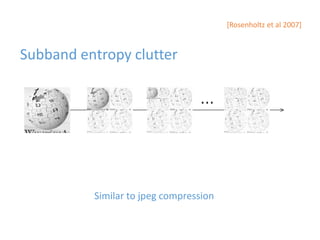 Subband entropy clutter
Similar to jpeg compression
[Rosenholtz et al 2007]
 