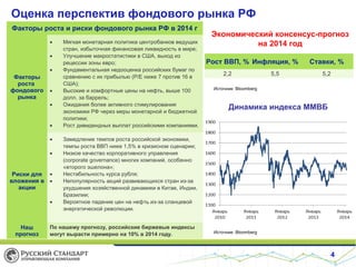 Оценка перспектив фондового рынка РФ
Факторы роста и риски фондового рынка РФ в 2014 г
•
•
•

Факторы
роста
фондового
рынка

•
•

•
•
•

Риски для •
вложения в •
акции
•

Наш
прогноз

Мягкая монетарная политика центробанков ведущих
стран, избыточная финансовая ликвидность в мире;
Улучшение макростатистики в США, выход из
рецессии зоны евро;
Фундаментальная недооценка российских бумаг по
сравнению с их прибылью (P/E ниже 7 против 16 в
США);
Высокие и комфортные цены на нефть, выше 100
долл. за баррель;
Ожидания более активного стимулирования
экономики РФ через меры монетарной и бюджетной
политики;
Рост дивидендных выплат российскими компаниями.

Экономический консенсус-прогноз
на 2014 год
Рост ВВП, % Инфляция, %
2,2

5,5

Ставки, %
5,2

Источник: Bloomberg

Динамика индекса ММВБ

Замедление темпов роста российской экономики,
темпы роста ВВП ниже 1,5% в кризисном сценарии;
Низкое качество корпоративного управления
(corporate governance) многих компаний, особенно
«второго эшелона»;
Нестабильность курса рубля;
Непопулярность акций развивающихся стран из-за
ухудшения хозяйственной динамики в Китае, Индии,
Бразилии;
Вероятное падение цен на нефть из-за сланцевой
энергетической революции.

По нашему прогнозу, российские биржевые индексы
могут вырасти примерно на 10% в 2014 году.

Источник: Bloomberg

4

 