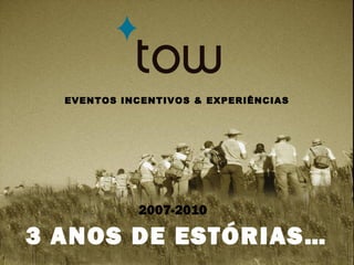 Eventos – Incentivos – Team Building – Turismo Cultural - Experiências
www.eventstow.com - info@eventstow.com - Tel. +351214824512
EVENTOS INCENTIVOS & EXPERIÊNCIAS
2007-2010
3 ANOS DE ESTÓRIAS…
 