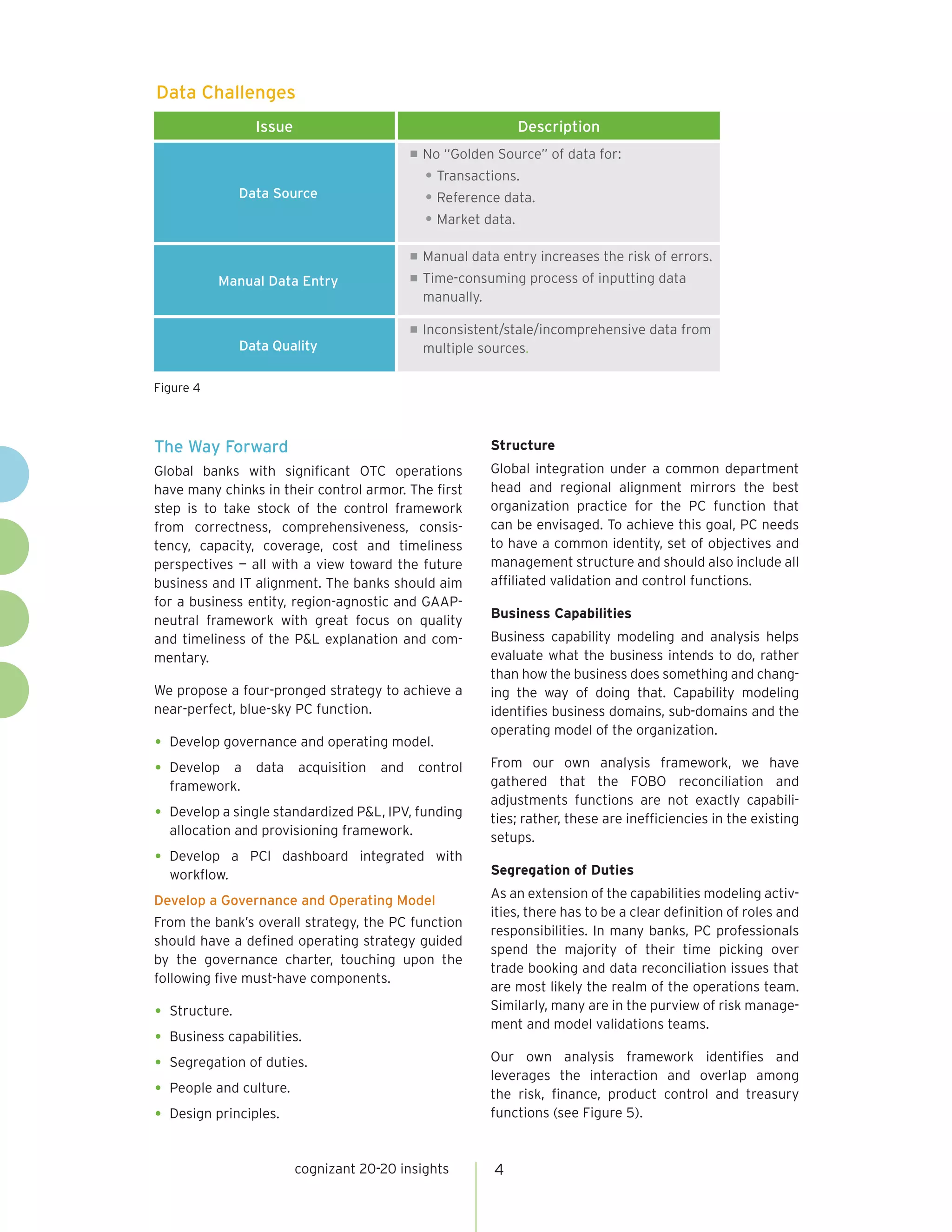 cognizant 20-20 insights 4
The Way Forward
Global banks with significant OTC operations
have many chinks in their control armor. The first
step is to take stock of the control framework
from correctness, comprehensiveness, consis-
tency, capacity, coverage, cost and timeliness
perspectives — all with a view toward the future
business and IT alignment. The banks should aim
for a business entity, region-agnostic and GAAP-
neutral framework with great focus on quality
and timeliness of the P&L explanation and com-
mentary.
We propose a four-pronged strategy to achieve a
near-perfect, blue-sky PC function.
•	Develop governance and operating model.
•	Develop a data acquisition and control
framework.
•	Develop a single standardized P&L, IPV, funding
allocation and provisioning framework.
•	Develop a PCl dashboard integrated with
workflow.
Develop a Governance and Operating Model
From the bank’s overall strategy, the PC function
should have a defined operating strategy guided
by the governance charter, touching upon the
following five must-have components.
•	Structure.
•	Business capabilities.
•	Segregation of duties.
•	People and culture.
•	Design principles.
Structure
Global integration under a common department
head and regional alignment mirrors the best
organization practice for the PC function that
can be envisaged. To achieve this goal, PC needs
to have a common identity, set of objectives and
management structure and should also include all
affiliated validation and control functions.
Business Capabilities
Business capability modeling and analysis helps
evaluate what the business intends to do, rather
than how the business does something and chang-
ing the way of doing that. Capability modeling
identifies business domains, sub-domains and the
operating model of the organization.
From our own analysis framework, we have
gathered that the FOBO reconciliation and
adjustments functions are not exactly capabili-
ties; rather, these are inefficiencies in the existing
setups.
Segregation of Duties
As an extension of the capabilities modeling activ-
ities, there has to be a clear definition of roles and
responsibilities. In many banks, PC professionals
spend the majority of their time picking over
trade booking and data reconciliation issues that
are most likely the realm of the operations team.
Similarly, many are in the purview of risk manage-
ment and model validations teams.
Our own analysis framework identifies and
leverages the interaction and overlap among
the risk, finance, product control and treasury
functions (see Figure 5).
Data Challenges
Figure 4
Issue Description
Data Source
n No “Golden Source” of data for:
• Transactions.
• Reference data.
• Market data.
Manual Data Entry
n Manual data entry increases the risk of errors.
n Time-consuming process of inputting data
manually.
Data Quality
n Inconsistent/stale/incomprehensive data from
multiple sources.
 