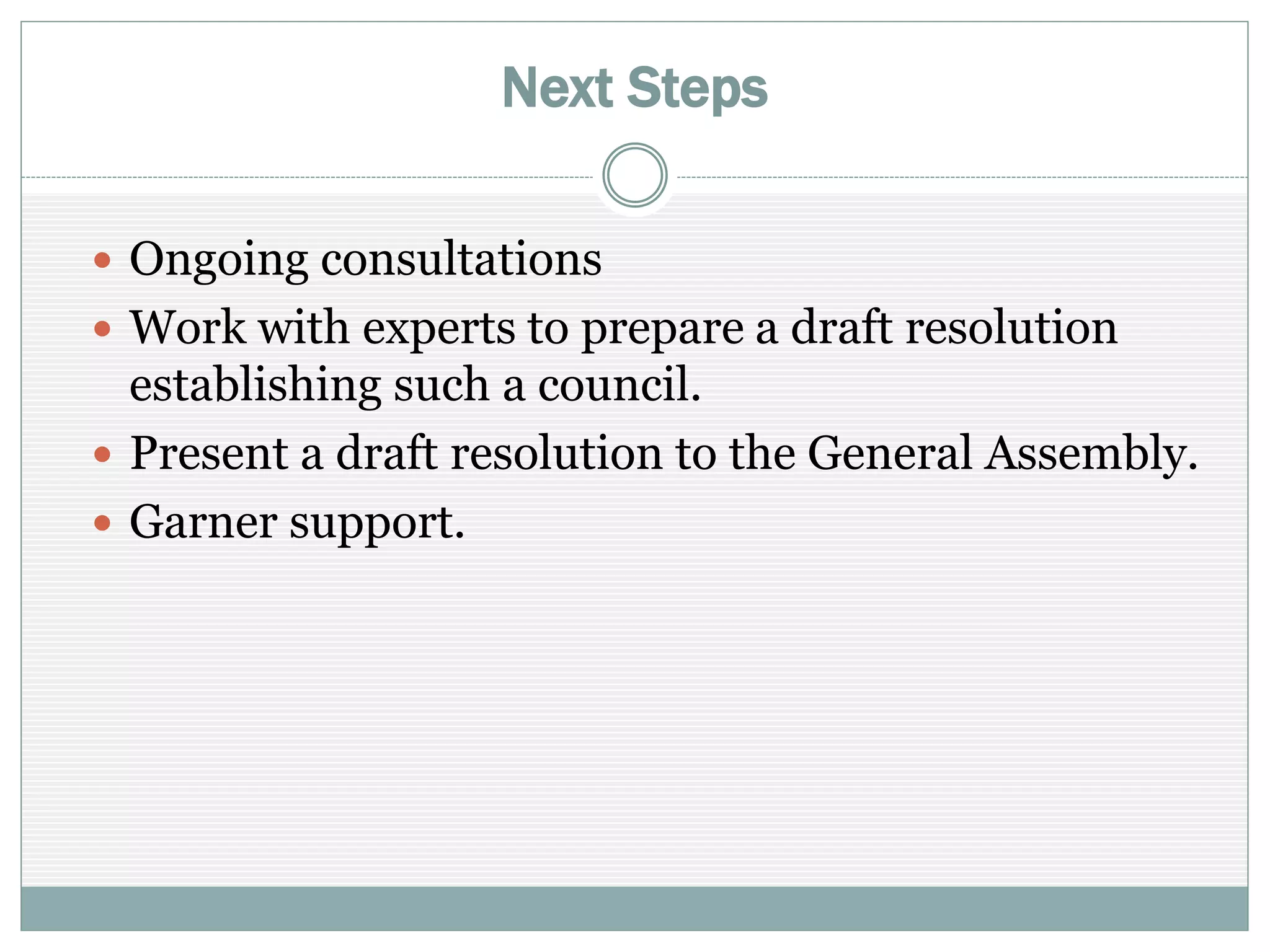 Next Steps
 Ongoing consultations
 Work with experts to prepare a draft resolution
establishing such a council.
 Present a draft resolution to the General Assembly.
 Garner support.
 
