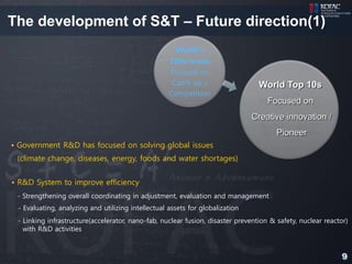 The development of S&T – Future direction(1)
                                                     World’s
                                                    100s-levels
                                                    Focused on
                                                     Catch up /                  World Top 10s
                                                    Competition
                                                                                    Focused on
                                                                               Creative innovation /
                                                                                       Pioneer
• Government R&D has focused on solving global issues
 (climate change, diseases, energy, foods and water shortages)


• R&D System to improve efficiency
 - Strengthening overall coordinating in adjustment, evaluation and management
 - Evaluating, analyzing and utilizing intellectual assets for globalization
 - Linking infrastructure(accelerator, nano-fab, nuclear fusion, disaster prevention & safety, nuclear reactor)
   with R&D activities



                                                                                                             9
 