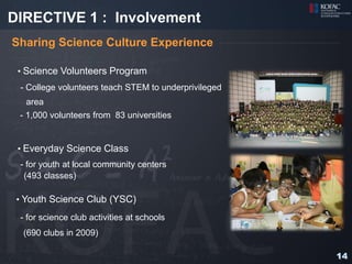 DIRECTIVE 1 : Involvement
Sharing Science Culture Experience

 • Science Volunteers Program
 - College volunteers teach STEM to underprivileged
   area
 - 1,000 volunteers from 83 universities


 • Everyday Science Class
 - for youth at local community centers
  (493 classes)

 • Youth Science Club (YSC)

 - for science club activities at schools
  (690 clubs in 2009)

                                                      14
 
