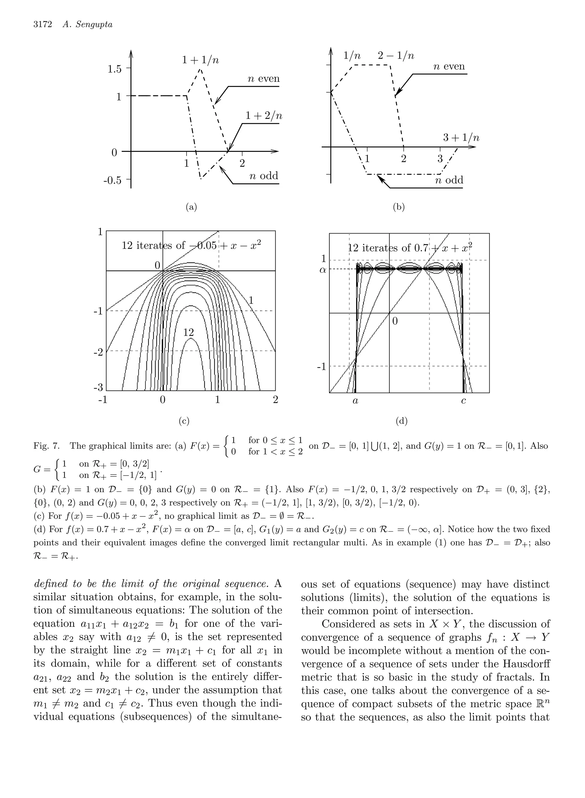 3172      A. Sengupta


                                            11+ 1/n + 1/n                      1/n 1/n 2 − 1/n 1/n
                                                                                1/n 1/n 1/n −
                                                                                      2 − 2 − 1/n
                                                                                            2
                      1.5 1.5                 +1 + 1/n
                                                  1
                                                 1/n                                             n n even even
                                                                                                   eveneven
                       1.5 1.5                                                                       n n
                                                         nneveneven
                                                             nn
                                                            even even
                          1      1 1
                           1
                                                             1 + 2/n + 2/n
                                                              1 +12/n
                                                                   + 2/n
                                                                   1

                                                                                                              3 + 1/n 1/n
                                                                                                                   3++
                         0                                                                                      3 + 1/n 1/n
                                                                                                                     3
                          0     0 0
                                            1      1 1   2 2 2                        1        2     3
                                             1            2                               1 1 1 2 2 2 3 3 3
                                                           n odd odd
                                                               nn
                     -0.5 -0.5
                      -0.5 -0.5                             n odd odd                                n odd odd
                                                                                                         n n
                                                                                                      n odd odd
                                            (a) (a)                                         (b) (b)
                                             (a) (a)
                                             (a)                                                  (b)
                                                                                             (b) (b)
                    1         1 1
                     1
                               12 iterates of −0.05 + x − x2− −2x2
                                        iterates of −0.05 + x x
                                    1212 iterates of                  12 iterates of 0.7 + x + x2+ x2 x2
                                                                           12 iterates of 0.7
                                12 iterates of −0.05−0.05 + 2
                                                      +x−x             12 12 iterates of 0.7 + x +
                                                                 1 1 1 iterates of 0.7 + x + x
                                                                                                  2
                                       0 0 0                     α 1 αα
                                        0                          α

                                                              1 1 1
                    -1 -1 -1                                   1
                     -1                                                                     0       0 0
                                             12 1212                                            0
                                              12
                    -2 -2 -2
                     -2                                               -1 -1 -1
                                                                       -1
                    -3 -3 -3
                     -3 -1 -1
                     -1                0    0 0      1 1 1         2 2 2      a       a a                       c       c c
                      -1                0             1             2             a                                 c
                                            (c) (c)
                                            (c)   (c)                                       (d) (d)
                                                                                                  (d)
                                             (c)                                             (d) (d)
                                                         1    for 0 ≤ x ≤ 1
Fig. 7.       The graphical limits are: (a) F (x) =                         on D− = [0, 1]          (1, 2], and G(y) = 1 on R− = [0, 1]. Also
                                                         0    for 1  x ≤ 2
          1     on R+ = [0, 3/2]
G=                                .
          1     on R+ = [−1/2, 1]
(b) F (x) = 1 on D− = {0} and G(y) = 0 on R− = {1}. Also F (x) = −1/2, 0, 1, 3/2 respectively on D+ = (0, 3], {2},
{0}, (0, 2) and G(y) = 0, 0, 2, 3 respectively on R+ = (−1/2, 1], [1, 3/2), [0, 3/2), [−1/2, 0).
(c) For f (x) = −0.05 + x − x2 , no graphical limit as D− = ∅ = R− .
(d) For f (x) = 0.7 + x − x2 , F (x) = α on D− = [a, c], G1 (y) = a and G2 (y) = c on R− = (−∞, α]. Notice how the two ﬁxed
points and their equivalent images deﬁne the converged limit rectangular multi. As in example (1) one has D − = D+ ; also
R− = R + .


deﬁned to be the limit of the original sequence. A                        ous set of equations (sequence) may have distinct
similar situation obtains, for example, in the solu-                      solutions (limits), the solution of the equations is
tion of simultaneous equations: The solution of the                       their common point of intersection.
equation a11 x1 + a12 x2 = b1 for one of the vari- 1
                                              1   1                            Considered as sets in X × Y , the discussion of
ables x2 say with a12 = 0, is the set represented
                                               1                          convergence of a sequence of graphs f n : X → Y
by the straight line x2 = m1 x1 + c1 for all x1 in                        would be incomplete without a mention of the con-
its domain, while for a diﬀerent set of constants                         vergence of a sequence of sets under the Hausdorﬀ
a21 , a22 and b2 the solution is the entirely diﬀer-                      metric that is so basic in the study of fractals. In
ent set x2 = m2 x1 + c2 , under the assumption that                       this case, one talks about the convergence of a se-
m1 = m2 and c1 = c2 . Thus even though the indi-                          quence of compact subsets of the metric space R n
vidual equations (subsequences) of the simultane-                         so that the sequences, as also the limit points that
 
