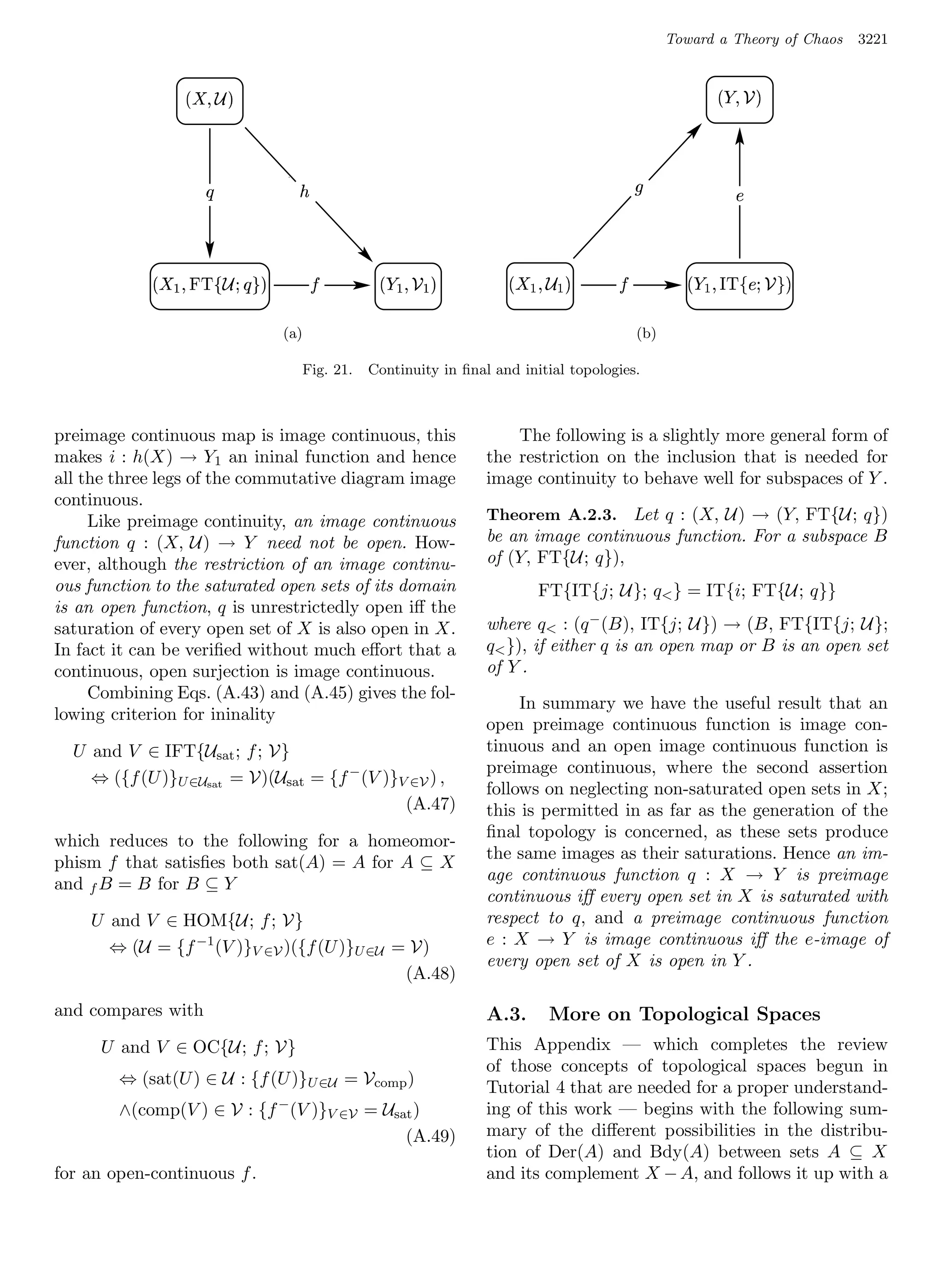 Toward a Theory of Chaos   3221


                   ¨¦¤¢ 
                  § ¥ £ ¡                                                                                     T W¢5
                                                                                                                9 E   C




                     ©                                                                     3
                                                                                                                  D




             § 1© )'$£ ¢                                             BA9 8¢5
                                                                       C 7 @ 7 6                         C VSD PGF5
                                                                                                                 Q I H 9 7 E
               0 ( ¥ % # !  ¡          2           ¢ 
                                                   §   £                            4                  U T R



                                 (a)                                                            (b)

                                       Fig. 21.   Continuity in ﬁnal and initial topologies.



preimage continuous map is image continuous, this                       The following is a slightly more general form of
makes i : h(X) → Y1 an ininal function and hence                    the restriction on the inclusion that is needed for
all the three legs of the commutative diagram image                 image continuity to behave well for subspaces of Y .
continuous.
     Like preimage continuity, an image continuous                  Theorem A.2.3. Let q : (X, U) → (Y, FT{U; q})
function q : (X, U) → Y need not be open. How-                      be an image continuous function. For a subspace B
ever, although the restriction of an image continu-                 of (Y, FT{U; q}),
ous function to the saturated open sets of its domain                       FT{IT{j; U}; q } = IT{i; FT{U; q}}
is an open function, q is unrestrictedly open iﬀ the
saturation of every open set of X is also open in X.                where q : (q − (B), IT{j; U}) → (B, FT{IT{j; U};
In fact it can be veriﬁed without much eﬀort that a                 q }), if either q is an open map or B is an open set
continuous, open surjection is image continuous.                    of Y .
     Combining Eqs. (A.43) and (A.45) gives the fol-
                                                                         In summary we have the useful result that an
lowing criterion for ininality
                                                                    open preimage continuous function is image con-
  U and V ∈ IFT{Usat ; f ; V}                                       tinuous and an open image continuous function is
                                                                    preimage continuous, where the second assertion
    ⇔ ({f (U )}U ∈Usat = V)(Usat = {f − (V )}V ∈V ) ,
                                                                    follows on neglecting non-saturated open sets in X;
                                              (A.47)                this is permitted in as far as the generation of the
                                                                    ﬁnal topology is concerned, as these sets produce
which reduces to the following for a homeomor-
                                                                    the same images as their saturations. Hence an im-
phism f that satisﬁes both sat(A) = A for A ⊆ X
                                                                    age continuous function q : X → Y is preimage
and f B = B for B ⊆ Y
                                                                    continuous iﬀ every open set in X is saturated with
    U and V ∈ HOM{U; f ; V}                                         respect to q, and a preimage continuous function
      ⇔ (U = {f −1 (V )}V ∈V )({f (U )}U ∈U = V)                    e : X → Y is image continuous iﬀ the e-image of
                                                                    every open set of X is open in Y .
                                             (A.48)

and compares with                                                   A.3.     More on Topological Spaces
      U and V ∈ OC{U; f ; V}                                        This Appendix — which completes the review
                                                                    of those concepts of topological spaces begun in
        ⇔ (sat(U ) ∈ U : {f (U )}U ∈U = Vcomp )                     Tutorial 4 that are needed for a proper understand-
        ∧(comp(V ) ∈ V : {f − (V )}V ∈V = Usat )                    ing of this work — begins with the following sum-
                                             (A.49)                 mary of the diﬀerent possibilities in the distribu-
                                                                    tion of Der(A) and Bdy(A) between sets A ⊆ X
for an open-continuous f .                                          and its complement X − A, and follows it up with a
 