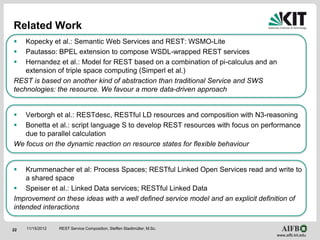 Related Work
   Kopecky et al.: Semantic Web Services and REST: WSMO-Lite
   Pautasso: BPEL extension to compose WSDL-wr...