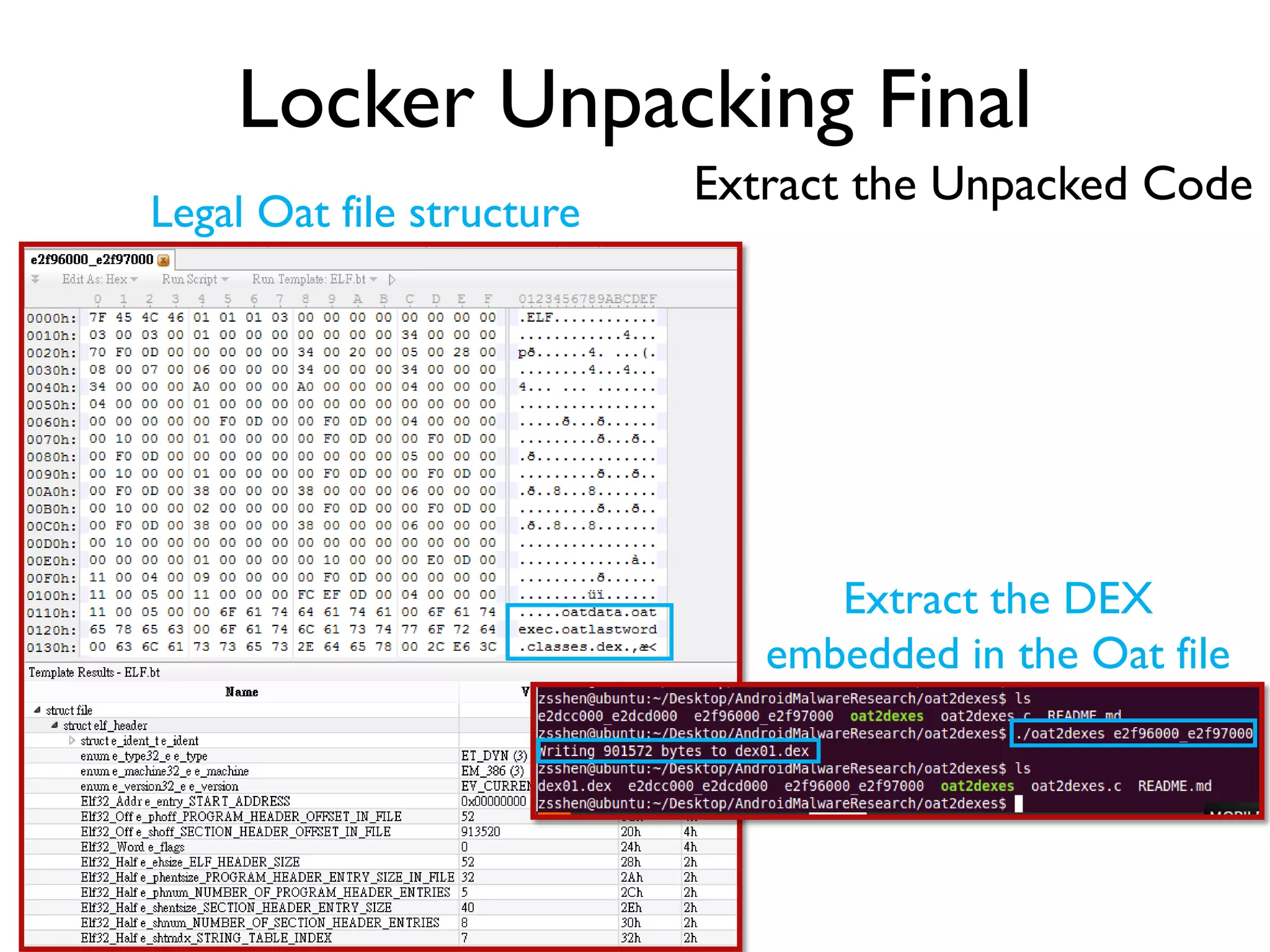 Locker Unpacking Final
Extract the Unpacked Code
Legal Oat file structure
Extract the DEX
embedded in the Oat file
 