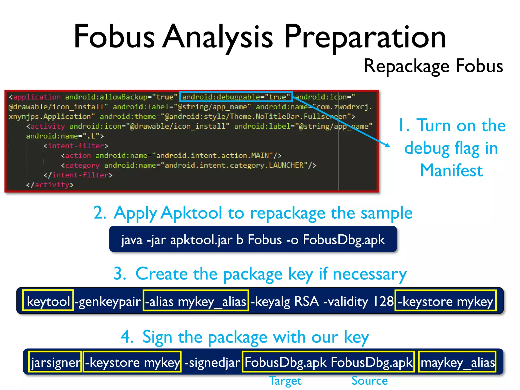 Fobus Analysis Preparation
Repackage Fobus
1. Turn on the
debug flag in
Manifest
java -jar apktool.jar b Fobus -o FobusDbg.apk
2. Apply Apktool to repackage the sample
keytool -genkeypair -alias mykey_alias -keyalg RSA -validity 128 -keystore mykey
3. Create the package key if necessary
jarsigner -keystore mykey -signedjar FobusDbg.apk FobusDbg.apk maykey_alias
4. Sign the package with our key
Target Source
 