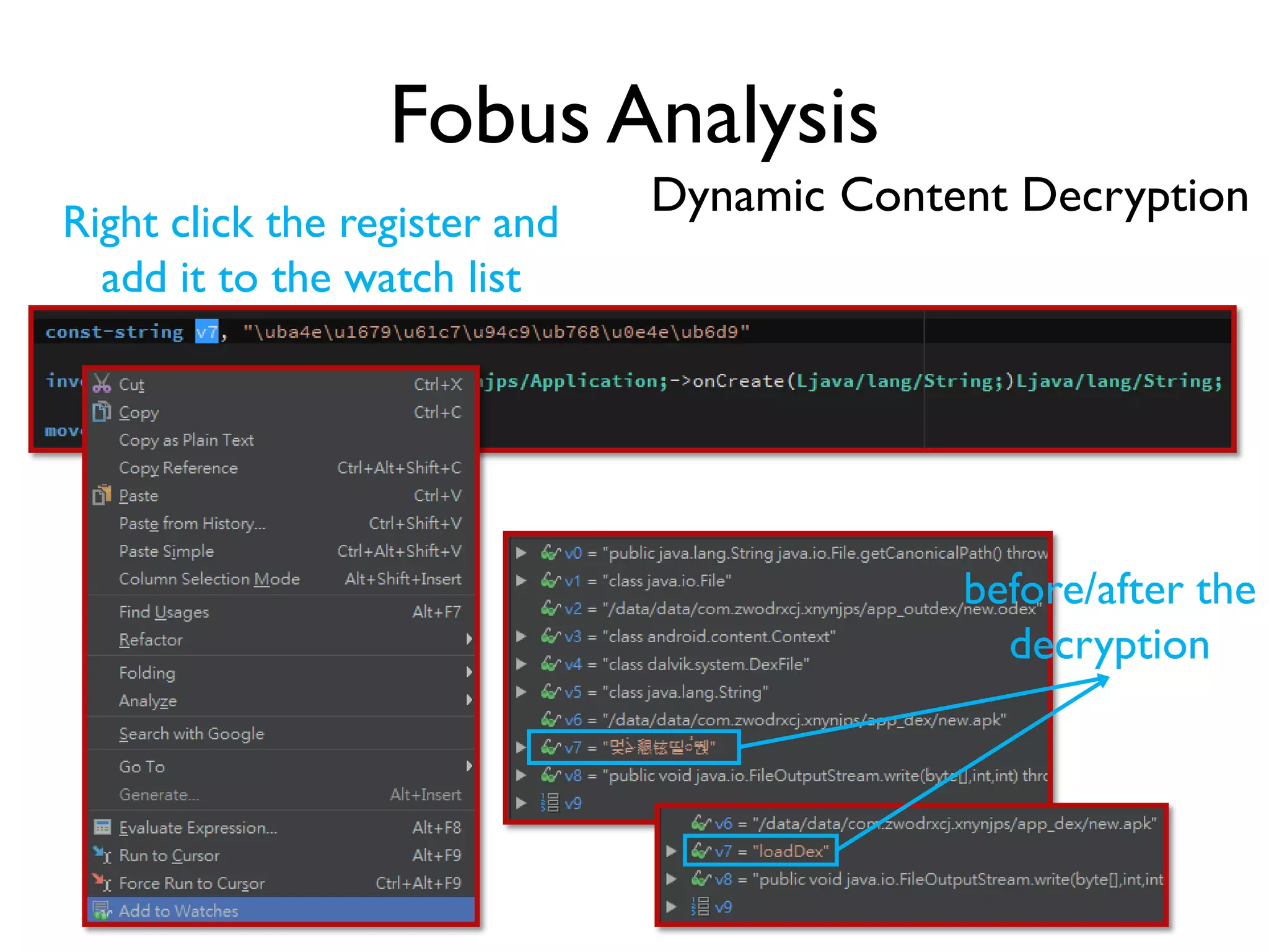 Fobus Analysis
Right click the register and
add it to the watch list
before/after the
decryption
Dynamic Content Decryption
 