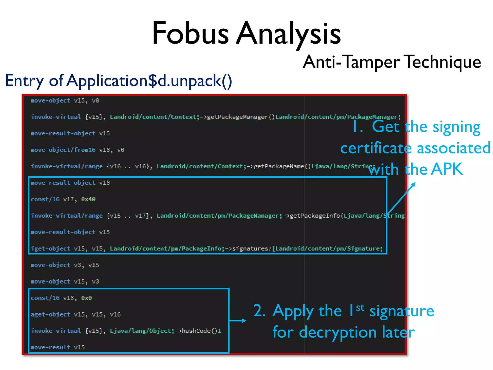 Fobus Analysis
Anti-Tamper Technique
Entry of Application$d.unpack()
1. Get the signing
certificate associated
with the APK
2. Apply the 1st signature
for decryption later
 