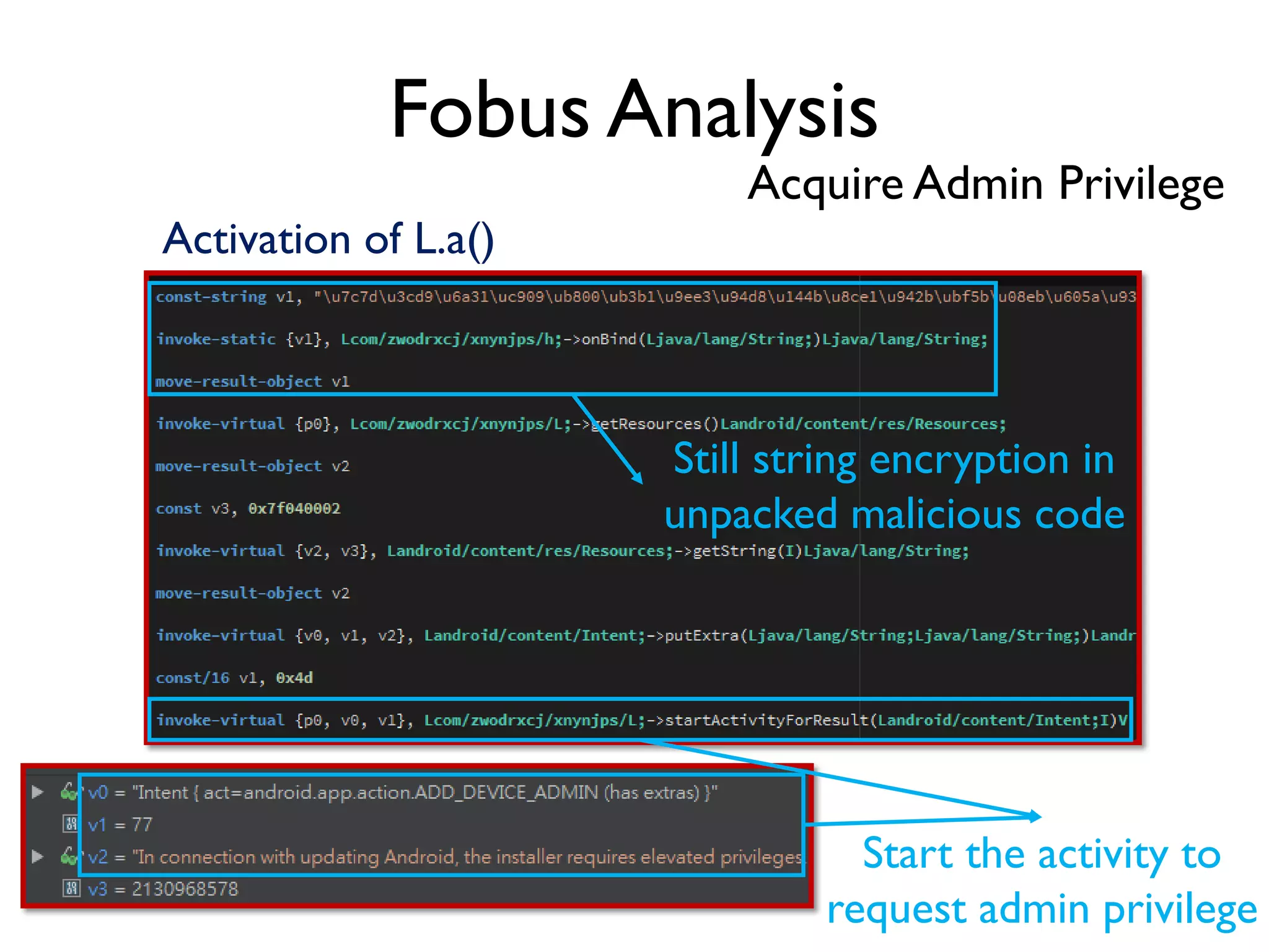 Fobus Analysis
Acquire Admin Privilege
Still string encryption in
unpacked malicious code
Start the activity to
request admin privilege
Activation of L.a()
 