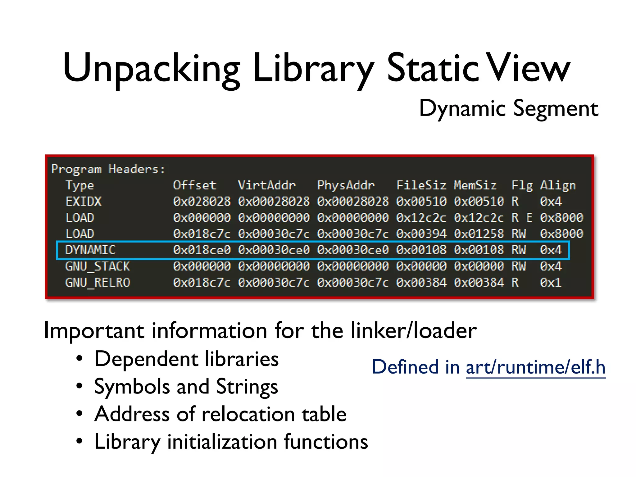 Unpacking Library StaticView
Dynamic Segment
Important information for the linker/loader
• Dependent libraries
• Symbols and Strings
• Address of relocation table
• Library initialization functions
Defined in art/runtime/elf.h
 