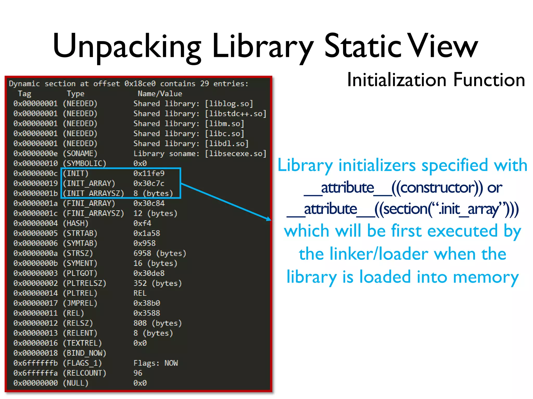 Unpacking Library StaticView
Initialization Function
Library initializers specified with
__attribute__((constructor)) or
__attribute__((section(“.init_array”)))
which will be first executed by
the linker/loader when the
library is loaded into memory
 
