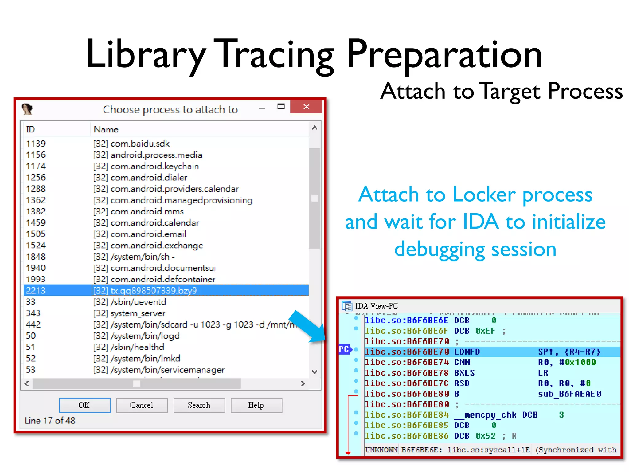 Library Tracing Preparation
Attach to Target Process
Attach to Locker process
and wait for IDA to initialize
debugging session
 