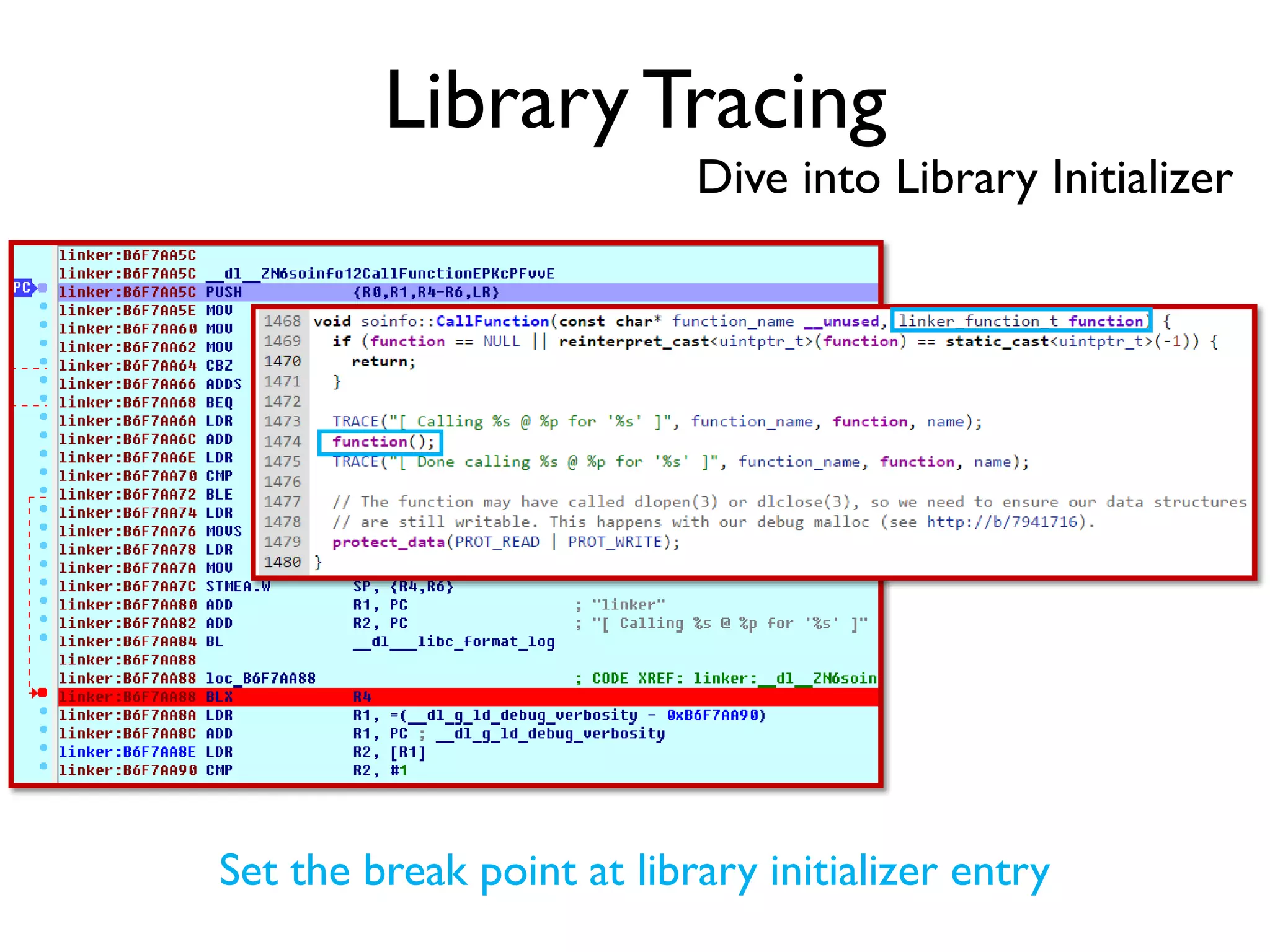 Library Tracing
Dive into Library Initializer
Set the break point at library initializer entry
 