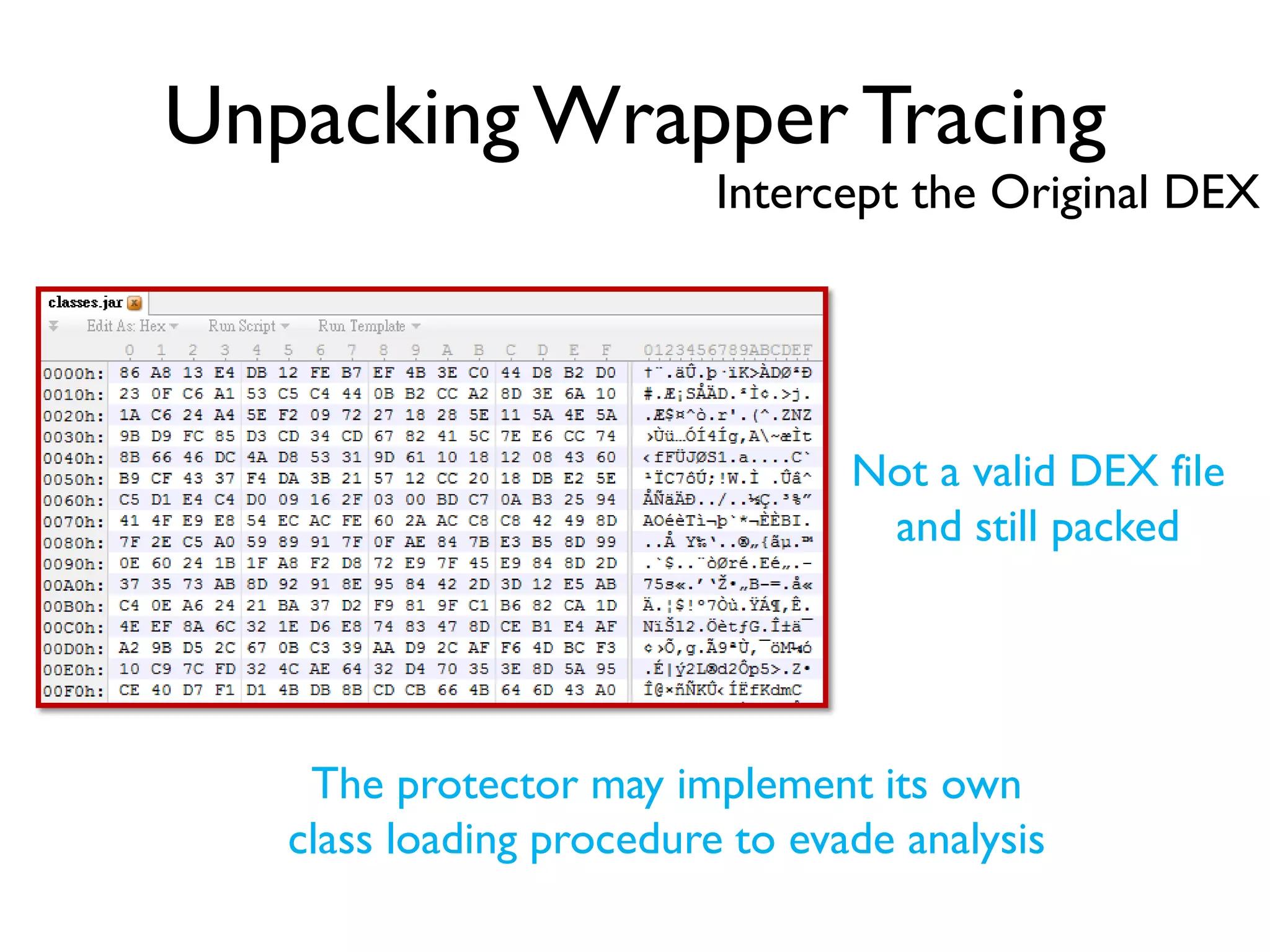 Unpacking Wrapper Tracing
Intercept the Original DEX
Not a valid DEX file
and still packed
The protector may implement its own
class loading procedure to evade analysis
 