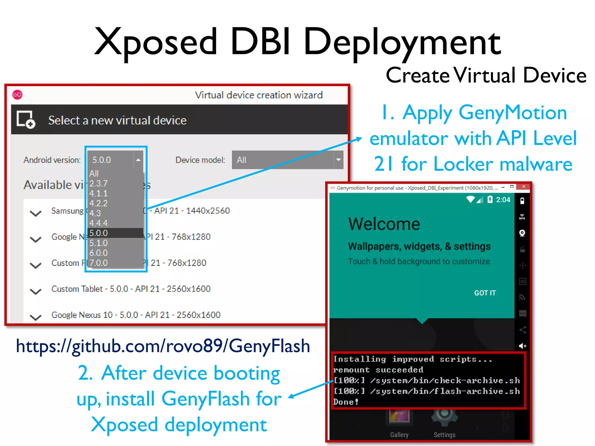 Xposed DBI Deployment
1. Apply GenyMotion
emulator with API Level
21 for Locker malware
2. After device booting
up, install GenyFlash for
Xposed deployment
https://github.com/rovo89/GenyFlash
CreateVirtual Device
 