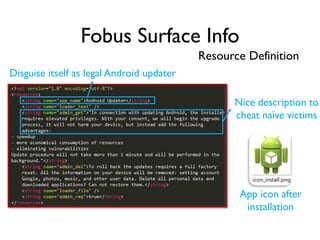 Fobus Surface Info
Resource Definition
Disguise itself as legal Android updater
Nice description to
cheat naïve victims
App icon after
installation
 