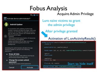 Fobus Analysis
Lure naïve victims to grant
the admin privilege
Activation of L.onActivityResult()
After privilege granted
Start to hide itself
Acquire Admin Privilege
 